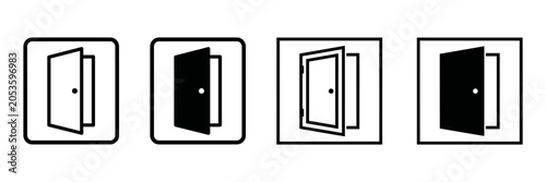 Set of minimalist door icons showing entrance and exit concepts for graphic design