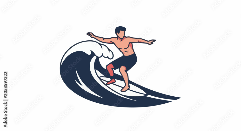 Obraz premium Muscular surfer riding a large wave on a surfboard