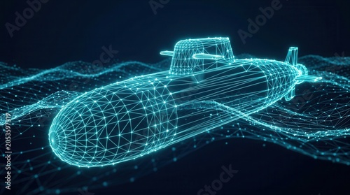 Futuristic 3D wireframe submarine concept representing naval technology and deep sea exploration.
