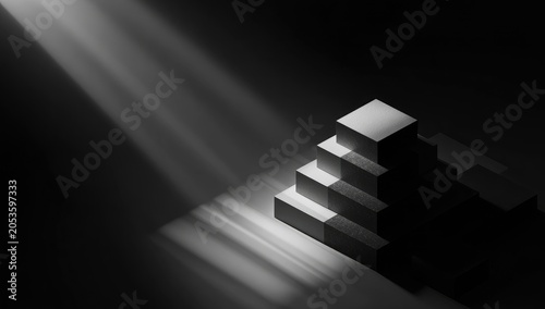 Abstract, grayscale image; a stepped cube formation sits in shadow, illuminated by a beam of light from the upper-left