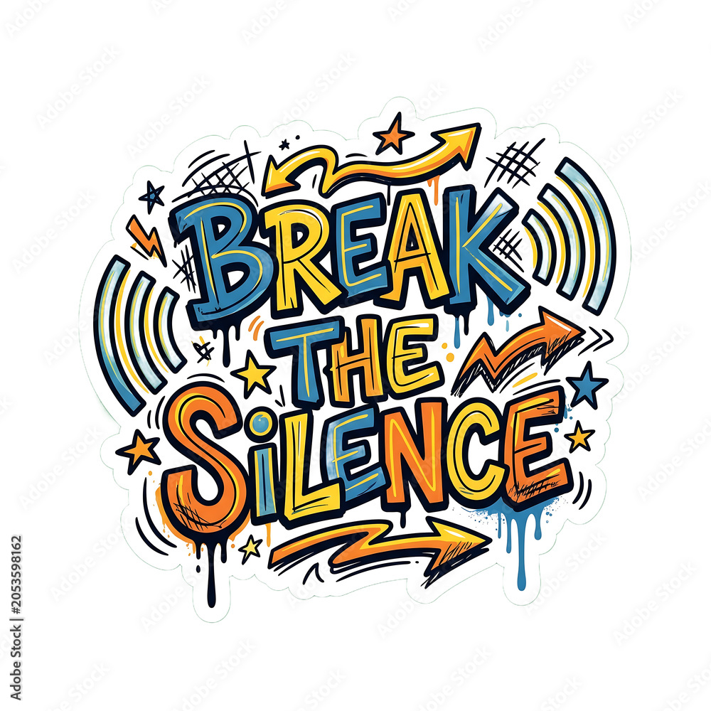 Obraz premium Vibrant graffiti-style illustration with bold blue, yellow, and orange text reading 'BREAK THE SILENCE' surrounded by arrows, stars, and drips, conveying a powerful message.