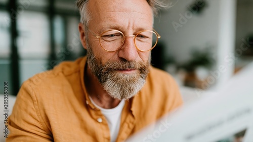 A mature man engrossed in reading a newspaper within a home setting, reflecting the quest for knowledge and staying informed in today's world.
