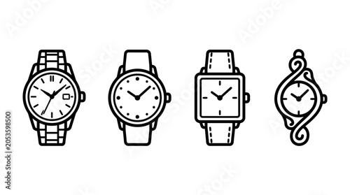 Bild auf Leinwand Collection of Various Wristwatch Styles in Simple Minimalist Vector Line Art