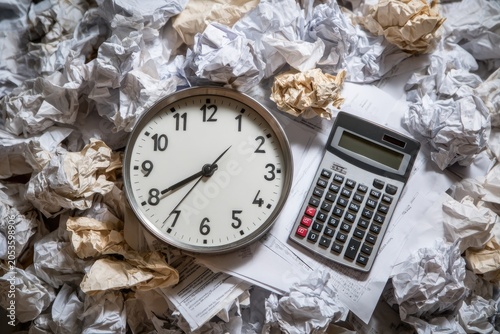 An overhead shot captures a clock, calculator, and crumpled paper in a cluttered scene. Shadows create depth, highlighting the textures