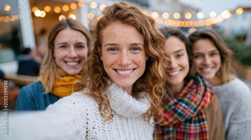 Four cheerful friends pose for a selfie outdoors, showcasing their joy and connection against a visually appealing backdrop with warm lighting in a social atmosphere.