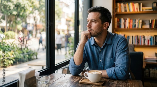A pensive man sits in a coffee shop looking through a large window.