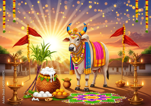 Decorated cow standing in front of traditional harvest festival setting during sunrise for pongal or makar sankranti