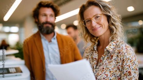 A confident woman stands with a smile in a bright office, showcasing teamwork among colleagues with a casual yet professional atmosphere and modern workplace aesthetics.