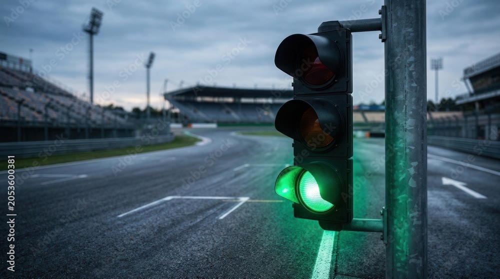 Naklejka premium Green traffic light signals mark the start of a race on wet asphalt at a professional motorsport circuit.