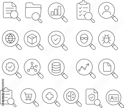 “Set of 20 Modern Business and Technology Vector Line Icons Including Analytics, Security, Database, Network, Shopping, and User Interface Symbols