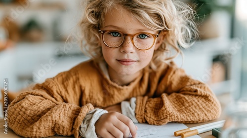 A delightful young child adorned with glasses and freckles intently writes, embodying innocence, creativity, and curiosity in a cozy, warmly lit environment.