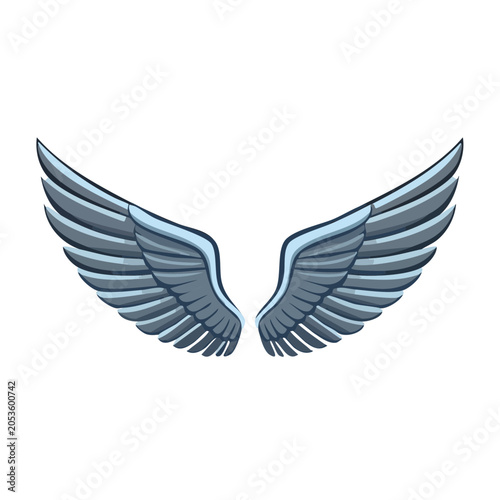 Stylized pair of gray and blue wings on white background