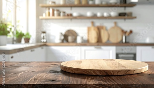 Rustic wooden counter with round board in bright modern kitchen