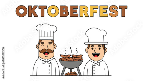 Fotografie Oktoberfest Celebration: Two chefs in traditional attire stand proudly beside a steaming grill of sausages, with the word Oktoberfest emblazoned above, celebrating Bavarian food and culture