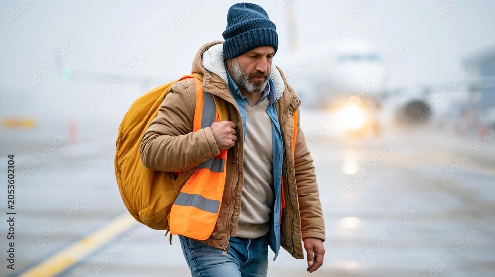 Obraz premium A focused man with a yellow vest is walking determinedly at an airport terminal, surrounded by mist, capturing the essence of travel and professionalism in a bustling environment.