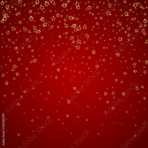 Christmas spirit. Scattered falling stars. Festive christmas confetty overlay template. Festive stars illustration on red background.