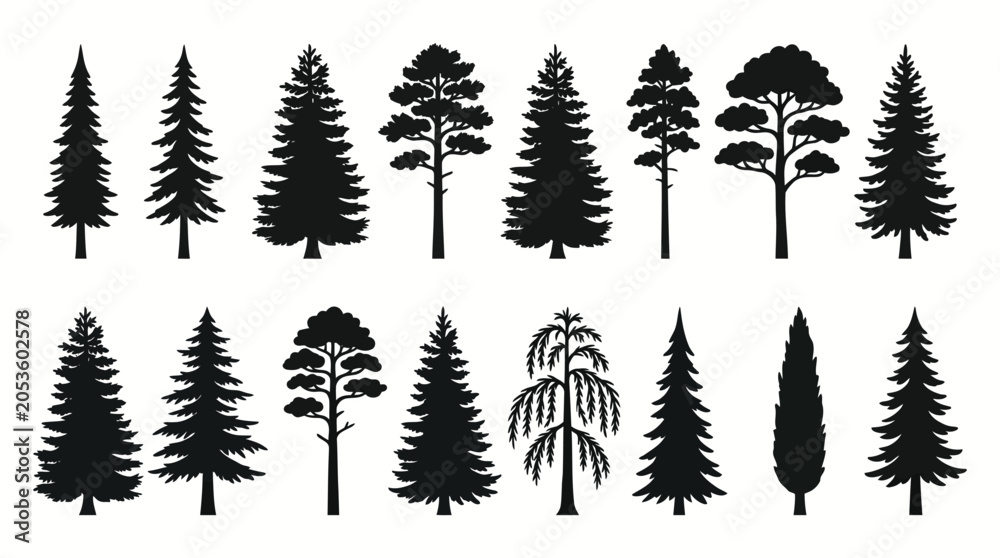 Fototapeta premium Collection of Various Coniferous and Deciduous Forest Tree Silhouette Icons