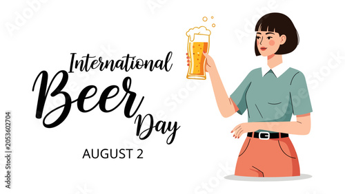 Obraz na płótnie International Beer Day Celebration: A woman with a short black bob holds up a gl