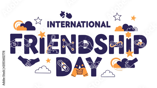 Slika na platnu International Friendship Day Greeting: A vibrant graphic celebrating International Friendship Day, featuring bold typography, symbolic illustrations of hands connecting, link chain