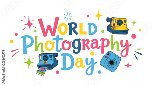 Bild auf Leinwand World Photography Day Celebration: A vibrant and colorful illustration commemorating World Photography Day, featuring retro cameras, snapshots, and festive stars