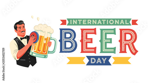 Fotografie International Beer Day Celebration: A bartender proudly polishes a frothy mug of beer beside a festive International Beer Day banner, inviting patrons to join the celebration