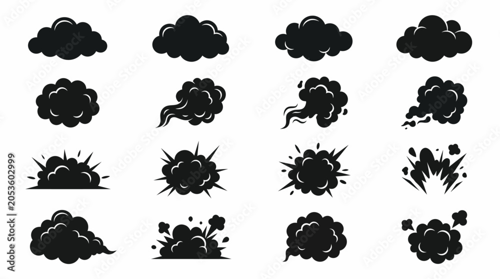 Obraz premium Collection of Comic Style Smoke Puffs and Explosion Silhouettes