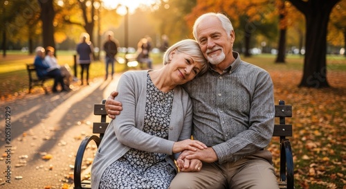 Senior couple hugging on park bench during autumn.