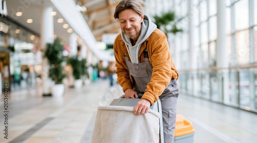 A dedicated worker is using a floor cleaning machine in a spacious shopping mall, showcasing a commitment to cleanliness and maintenance in public spaces.