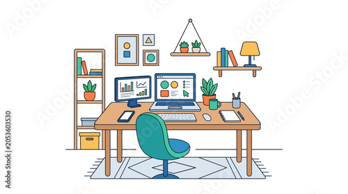 Home office workspace desk setup.