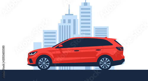 Red Car in Cityscape Setting.