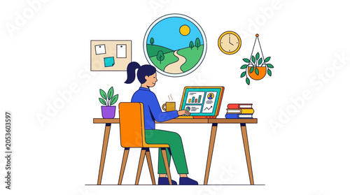 Woman sitting at desk with laptop.