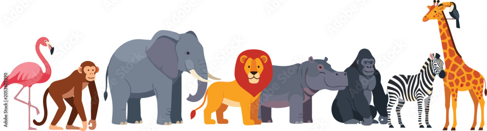 Obraz premium PrintCute Cartoon African Safari Animals Standing Together in a Colorful Flat Design Vector Illustration Set