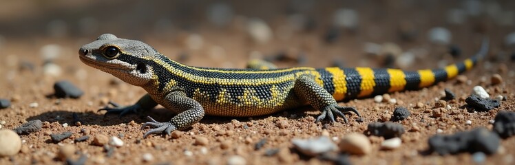 Small lizard with yellow and black stripes walks on sandy ground with rocks. Reptile has patterned scales, alert eyes, and segmented tail. Wildlife creature moves cautiously in arid environment.