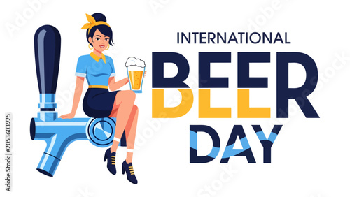 Obraz na plátně International Beer Day Celebration: A stylish woman sits on a beer tap, holding a frothy glass of beer, with the words International Beer Day prominently displayed