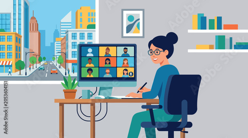 Woman working on computer desk.