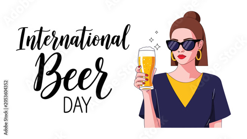 Tableau sur toile Celebrating International Beer Day: A stylish woman in sunglasses holds a glass of golden beer, exuding coolness and enjoyment, as International Beer Day is elegantly written in the background