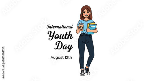 Bilde på lerret International Youth Day Celebration: A young woman holding books and a coffee cup stands in celebration of International Youth Day, representing the energy and potential of young people worldwide