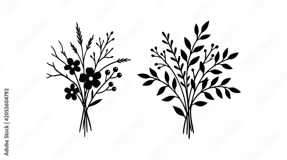 Obraz premium Black and white botanical elements, floral and leaf bouquets illustration