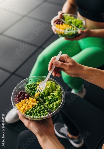 Healthy Post-Workout Meal: Two Women in Sportswear Eating Fresh Vegetable Salad Bowls in the Gym