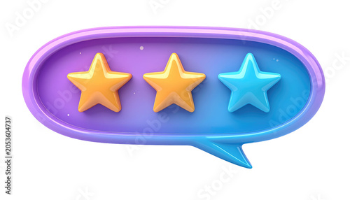 A 3D rendered cartoon speech bubble contains three stars. Two are gold and one is blue. The bubble is a gradient of purple and teal