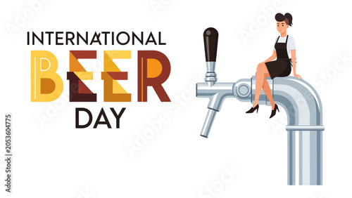 Konstfotografi International Beer Day Celebration: A stylized graphic announces International Beer Day next to an illustration of a barmaid seated atop a beer tap, ready to serve