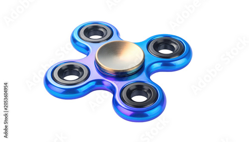 A close-up shot of a hand spinner. It features a metallic, multi-colored finish with a gold-toned center and three surrounding black bearings