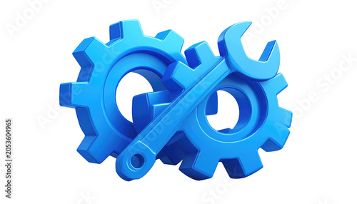 A 3D rendered graphic featuring blue gears and a wrench intertwined, suggesting settings, repairs, and technical solutions. The items are on a black background