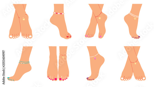 Tableau sur toile Set of female feet with anklets in flat vector style