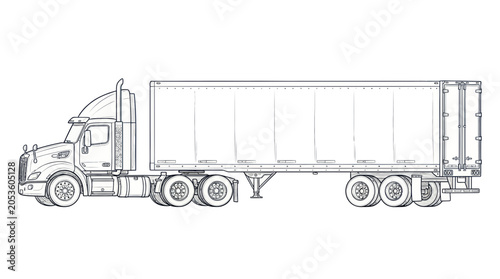 Tableau sur toile Line Art Semi Truck Trailer Illustration, Freight Transportation Vehicle Drawing