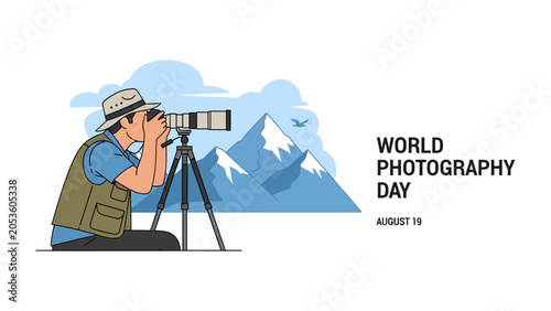 Fotografija World Photography Day Celebration: A photographer, equipped with a professional camera and tripod, captures the majestic beauty of mountains on World Photography Day