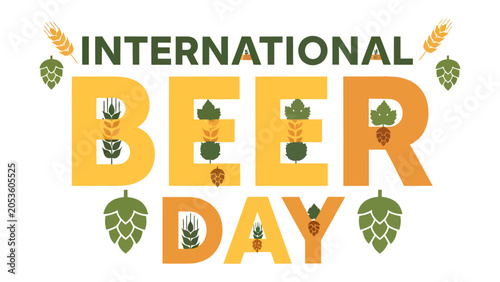 Quadro su tela International Beer Day Celebration: A vibrant graphic design celebrates International Beer Day with bold typography, decorative elements of hops, barley, and wheat