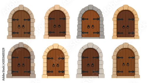 Set of medieval wooden arched doors with stone frames