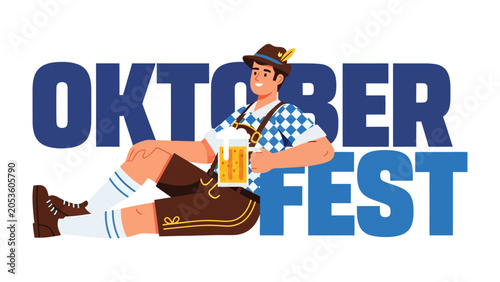 Fotografi Oktoberfest Celebration: A jovial man in traditional Bavarian attire enjoys a frothy mug of beer, set against the bold Oktoberfest text, capturing the spirit of this beloved German festival