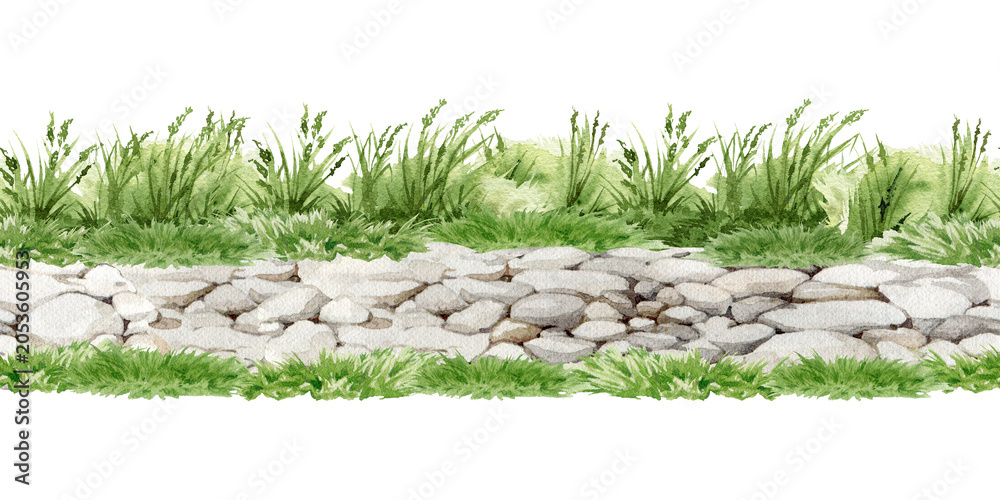 Fototapeta premium Seamless watercolor cobblestone path bordered by grass isolated on background. Hand painted side view terrain asset for game design, map creation, village scenes and countryside landscapes